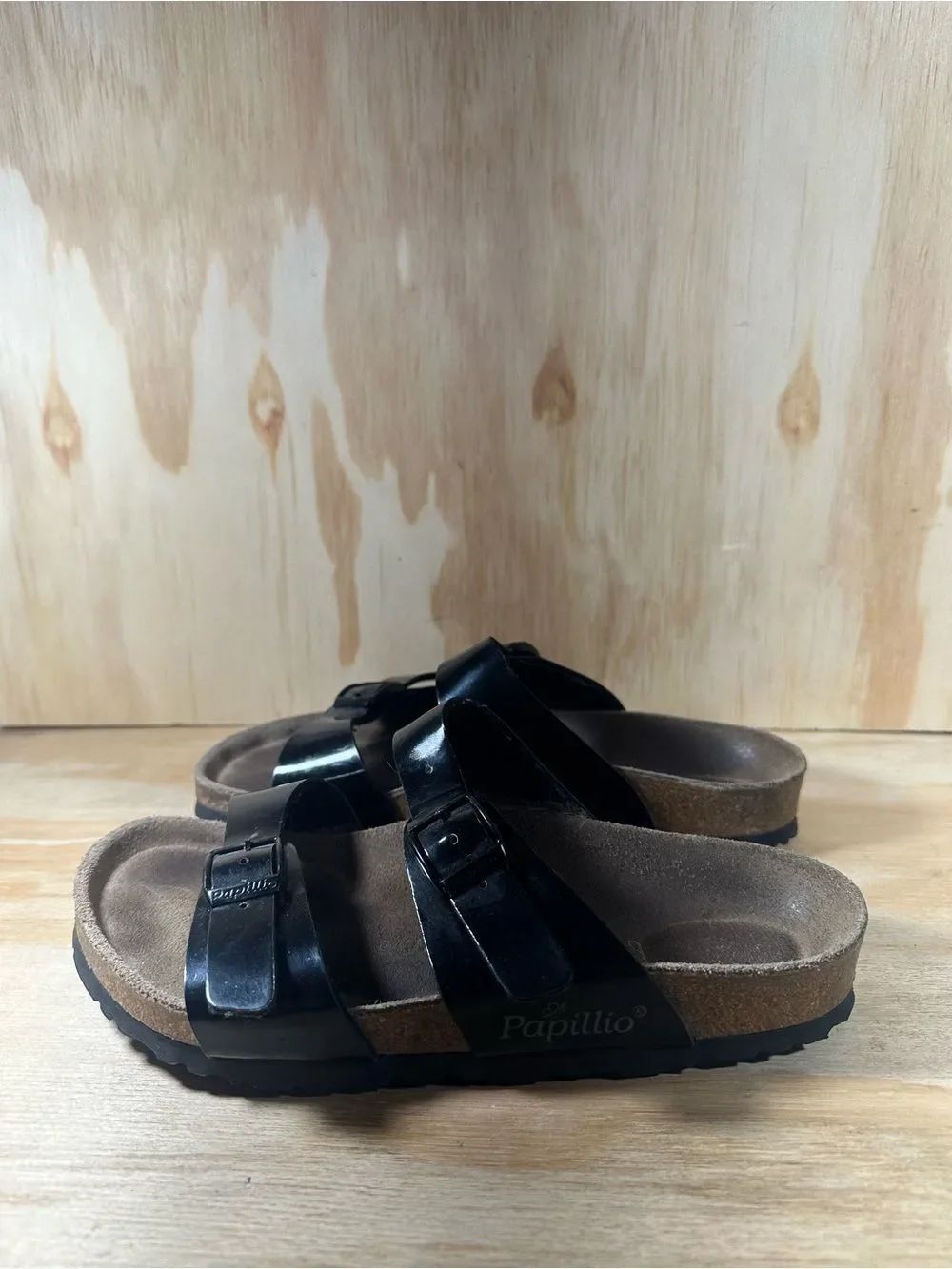 Birkenstock Papillio Black Patent Double-Strap Buckle Slides Women’s Size 6.5